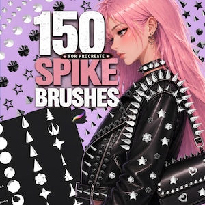 May include: Digital art graphic featuring a woman with pink hair and a black leather jacket adorned with silver spikes and studs. The image promotes "150 Spike Brushes" for Procreate, with various brush shapes displayed.