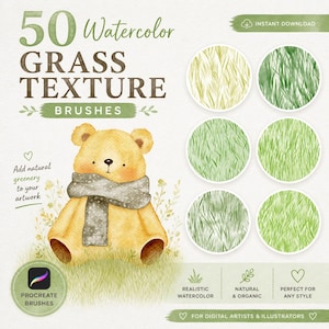 Puede incluir: Gráfico de arte digital con 50 pinceles de textura de hierba acuarela. La imagen muestra un oso de peluche con una bufanda y muestras de textura de hierba en tonos verdes. El texto incluye "Añade vegetación natural a tu obra de arte".