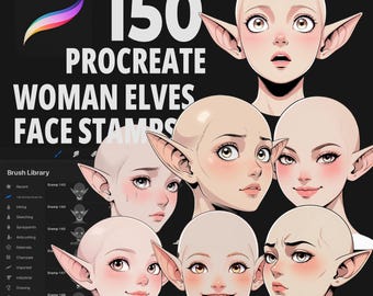 Puede incluir: Un conjunto de 150 sellos de Procreate que representan caras de elfos con diferentes expresiones. Los sellos están diseñados para su uso en arte digital e ilustración.