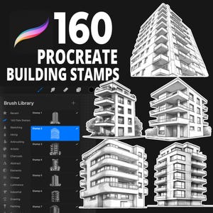 Peut inclure: Un ensemble de 160 tampons de bâtiments Procreate présentant différents styles d'immeubles d'appartements. Les tampons sont en noir et blanc et sont conçus pour être utilisés dans l'art numérique et l'illustration.