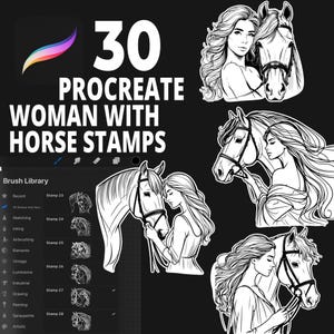30 Procreate 女性と馬のスタンプ ブラシ、Procreate 女性、馬のスタンプ、Procreate ライン アート、ラブ ホース スタンプ、Procreate ブラシ セット