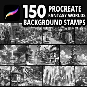 May include: A black and white image showcasing 150 Procreate Fantasy Worlds Background Stamps. The image features a Procreate app icon and various fantasy landscape illustrations, including castles, towns, and architectural designs.