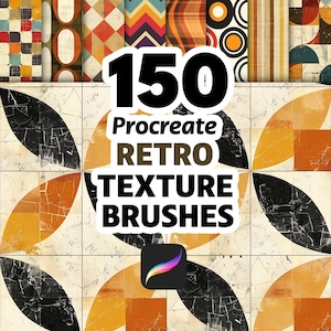 Może przedstawiać: Obraz prezentujący 150 pędzli tekstur retro dla Procreate. Projekt zawiera różnorodne kolorowe, geometryczne wzory i tekstury. Tekst "150 Procreate RETRO TEXTURE BRUSHES" jest wyraźnie widoczny, wraz z logo aplikacji Procreate.