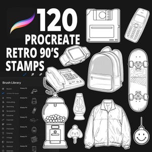 120 Procreate Retro 90’s Stamps for Nostalgic Illustration, Y2K Style Art, Vintage Objects and Aesthetic Flashback Designs