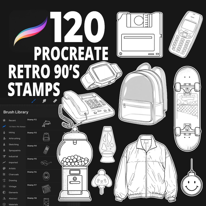 May include: Black and white illustration of 90s-themed Procreate stamps. The image features a variety of retro objects, including a floppy disk, a pager, a watch, a backpack, a skateboard, a telephone, a gumball machine, a lava lamp, a jacket, and a smiley face ornament. The text reads "120 Procreate Retro 90's Stamps."