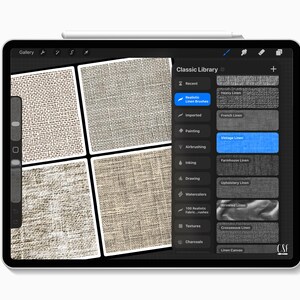 以下が含まれることがあります： ソフトウェアインターフェースとClassic Libraryメニューが表示されたデジタルタブレット画面。メニューには、Heavy、French、Vintage、Farmhouse、Upholstery、Wrinkled、Crossweave、Linen Canvasなどのリネンブラシオプションがリストされています。