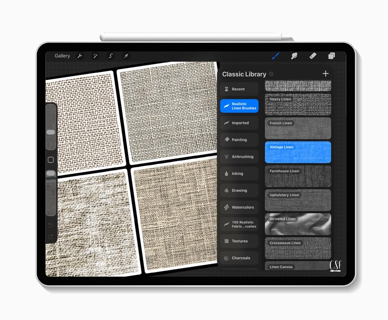 以下が含まれることがあります： ソフトウェアインターフェースとClassic Libraryメニューが表示されたデジタルタブレット画面。メニューには、Heavy、French、Vintage、Farmhouse、Upholstery、Wrinkled、Crossweave、Linen Canvasなどのリネンブラシオプションがリストされています。