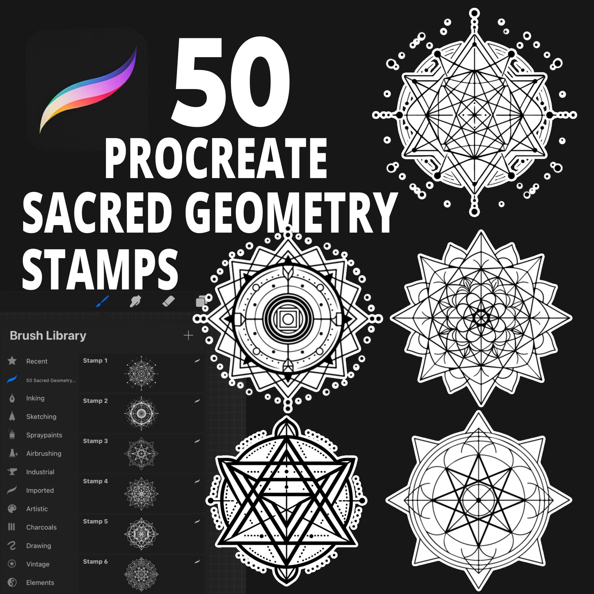 50 Procreate Sacred Geometry Stamp Brushes Set for Mandalas, Tattoos, Mystic Ornaments