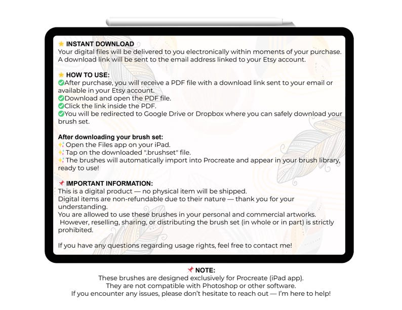 Puede incluir: Un producto digital mostrado en la pantalla de una tableta, con instrucciones para descargar y usar un conjunto de pinceles en Procreate. El texto incluye detalles sobre c&oacute;mo acceder a los archivos despu&eacute;s de la compra e informaci&oacute;n importante sobre los derechos de uso.