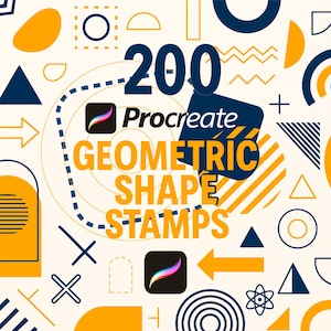 Pode incluir: Gráfico de arte digital com o texto "200 Procreate Geometric Shape Stamps" em laranja e branco. O design inclui várias formas geométricas em azul marinho e laranja sobre um fundo creme. O logotipo do aplicativo Procreate também está presente.