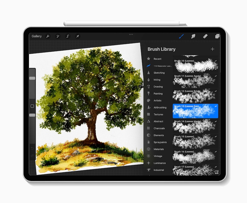 May include: A digital painting of a tree on a tablet screen. The artwork features a detailed watercolor style with a green and brown color palette. The tablet's interface shows a brush library with various brush options for digital art.