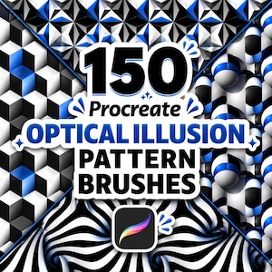 May include: An image showcasing a collection of 150 Procreate optical illusion pattern brushes. The design features various geometric patterns in black, white, and blue, with the Procreate app icon at the bottom. The text "OPTICAL ILLUSION PATTERN BRUSHES" is prominently displayed.