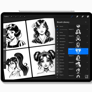 May include: A digital tablet shows four black and white illustrations of women. The screen displays a "Brush Library" with stamp options. A stylus is on the tablet's top edge. The illustrations are in a cartoon style, suitable for digital art.