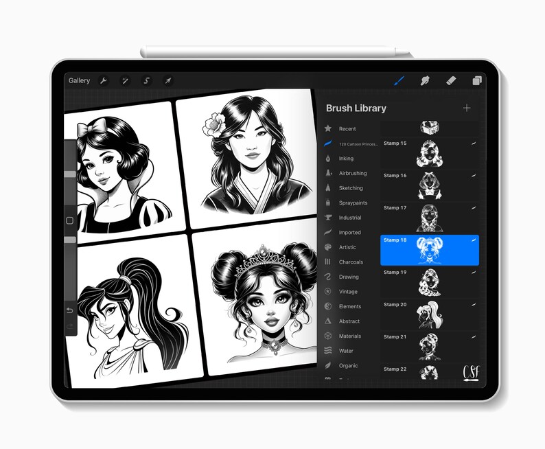 May include: A digital tablet shows four black and white illustrations of women. The screen displays a "Brush Library" with stamp options. A stylus is on the tablet's top edge. The illustrations are in a cartoon style, suitable for digital art.