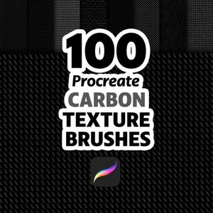 May include: Digital art product featuring a black background with various carbon fiber textures. The image prominently displays the text "100 Procreate Carbon Texture Brushes" in a white and gray design, along with the Procreate app logo.