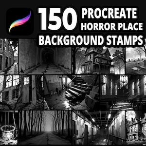 Puede incluir: Un producto de arte digital para Procreate con 150 sellos de fondo de terror. La imagen muestra ilustraciones en escala de grises de casas encantadas, pasillos oscuros y paisajes inquietantes, ideales para proyectos de arte digital.