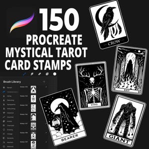 150 timbri di carte dei tarocchi mistici Procreate per illustrazioni occulte, arte stregonesca, design divinatorio, disegno gotico e progetti spirituali