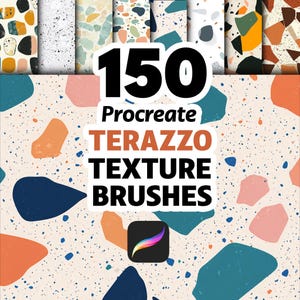 May include: A digital product image featuring a collection of 150 Procreate Terrazzo Texture Brushes. The image showcases various terrazzo patterns in shades of orange, blue, pink, and black, with the Procreate app logo at the bottom.