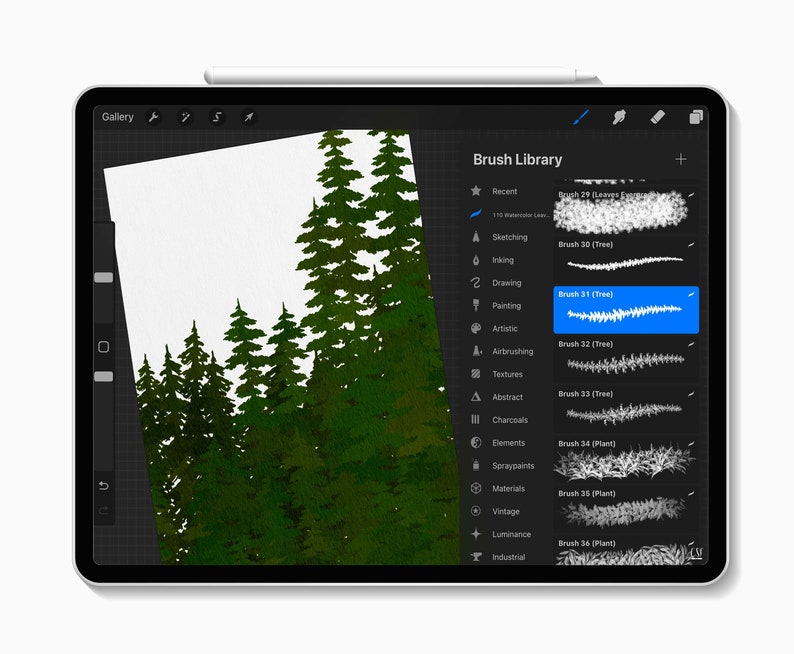 May include: A digital painting of evergreen trees on a tablet screen. The artwork is in shades of green and white, with a focus on the texture of the foliage. The tablet's "Brush Library" is open, showing various brush options for digital art.