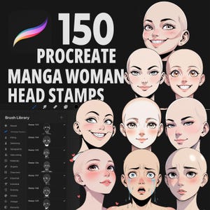 May include: A set of 150 Procreate manga woman head stamps. The image shows a variety of different head shapes and expressions. The stamps are designed to be used in digital art and illustration.