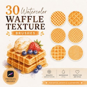 May include: Watercolor illustration featuring a stack of waffles topped with ice cream, blueberries, and a strawberry. The image includes the text "30 Watercolor WAFFLE TEXTURE BRUSHES" and icons for Procreate brushes and realistic waffle texture.