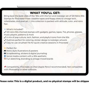 May include: A digital product displayed on a tablet, showcasing a set of 120 retro 90s stamps for Procreate. The text highlights features like gadgets, pop culture icons, and outlines for coloring. The product is for retro illustrations, scrapbooking, and social media content.