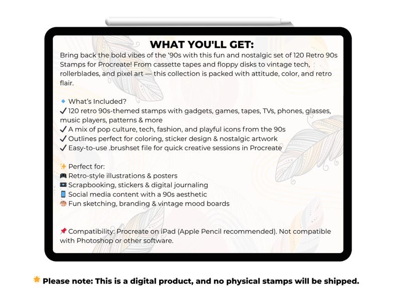 May include: A digital product displayed on a tablet, showcasing a set of 120 retro 90s stamps for Procreate. The text highlights features like gadgets, pop culture icons, and outlines for coloring. The product is for retro illustrations, scrapbooking, and social media content.