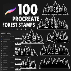 Puede incluir: Un conjunto de 100 sellos de bosque Procreate que presentan imágenes en silueta en blanco y negro de pinos. Los sellos están organizados en una biblioteca de pinceles con una lista de categorías con temas de bosque.