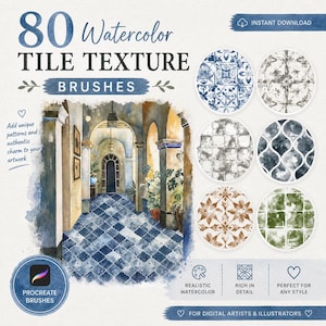 May include: An advertisement for 80 watercolor tile texture brushes. The image features a watercolor painting of a hallway with a blue and white tile floor, and a selection of tile texture samples. Text includes "Instant Download" and "Procreate Brushes."