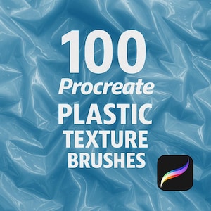 Può includere: Uno sfondo di texture in plastica blu con il testo "100 Procreate PLASTIC TEXTURE BRUSHES" e l'icona dell'app Procreate nell'angolo in basso a destra.