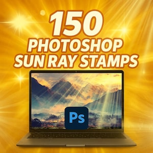 May include: A laptop displays a mountain landscape with sun rays. The image is overlaid with text that reads "150 Photoshop Sun Ray Stamps." The Adobe Photoshop logo is visible on the screen. The background is a bright yellow with sunburst effects.