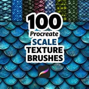 Könnte beinhalten: Digitale Kunstpinsel für Procreate. Das Bild zeigt 100 Schuppen-Texturpinsel in verschiedenen Farben, darunter Blau, Grün und Lila. Der Text auf dem Bild lautet "100 Procreate SCALE TEXTURE BRUSHES."