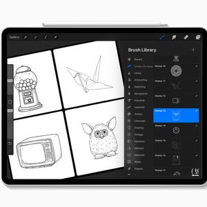 May include: A digital tablet displaying a drawing application interface. The screen shows a grid of black and white illustrations, including a gumball machine, origami crane, retro TV, and a Furby-like creature. The "Brush Library" menu is visible.