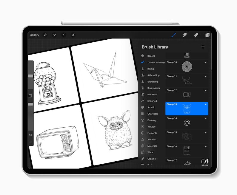 May include: A digital tablet displaying a drawing application interface. The screen shows a grid of black and white illustrations, including a gumball machine, origami crane, retro TV, and a Furby-like creature. The "Brush Library" menu is visible.