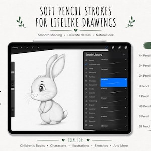 May include: A digital illustration of a white bunny on a tablet screen, showcasing soft pencil strokes. The tablet displays a brush library with various pencil types. Text reads "Soft Pencil Strokes for Lifelike Drawings" and "Perfect for Characters & Illustrations."