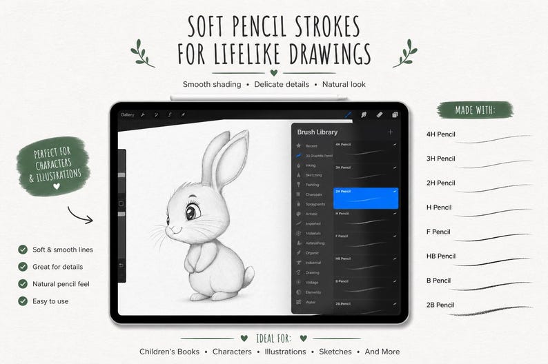 May include: A digital illustration of a white bunny on a tablet screen, showcasing soft pencil strokes. The tablet displays a brush library with various pencil types. Text reads "Soft Pencil Strokes for Lifelike Drawings" and "Perfect for Characters & Illustrations."