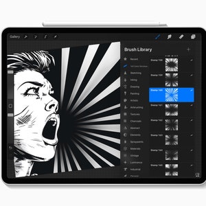 May include: A digital illustration of a woman's face with a black and white radial pattern in the background. The image is displayed on a tablet screen with a digital art app open. The app shows a selection of different brush and stamp options, including a blue highlighted stamp with a radial pattern.