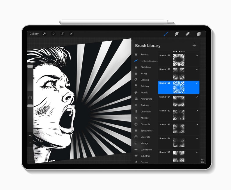 May include: A digital illustration of a woman's face with a black and white radial pattern in the background. The image is displayed on a tablet screen with a digital art app open. The app shows a selection of different brush and stamp options, including a blue highlighted stamp with a radial pattern.