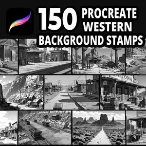 May include: A digital art product featuring 150 Procreate Western background stamps. The image showcases a variety of grayscale illustrations of Western scenes, including towns, landscapes, and buildings. The Procreate logo is visible in the upper left corner.