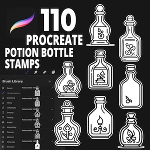 May include: A digital illustration of 110 black and white potion bottle stamps for Procreate. The bottles are various shapes and sizes with different designs, including swirls, leaves, and other decorative elements.