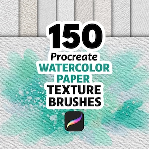 May include: An image showcasing digital art supplies. The image features the text "150 Procreate Watercolor Paper Texture Brushes" in a white and teal design. The background has a watercolor paper texture with a teal wash and a Procreate app icon.