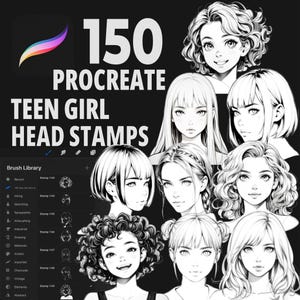 150 Procreate Teen Girl Kopf Stempel, Anime Weiblicher Kopf Pinsel Set, Manga Charakter Porträt Stempel, Digitale Skizzenbürsten für Procreate Kunst