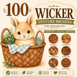 May include: A digital art graphic featuring a cute bunny in a wicker basket with a blue and white checkered cloth. The image advertises 100 wicker texture brushes for Procreate, with examples of tight, rattan, and basket weaves.