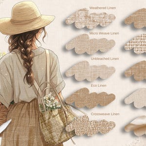 以下が含まれることがあります： 麦わら帽子をかぶり花かごを持った人物のイラストと、Weathered Linen、Micro Weave Linen、Unbleached Linen、Eco Linen、Crossweave Linen、Antique European、Double Weave、Stonewashed Linen、Linen Canvas、Wrinkled Linenとラベル付けされた生地見本。