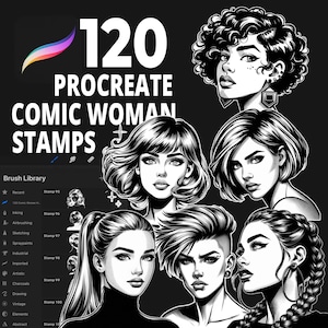 120 Procreate Comic Woman Stamps for Pop Art Portraits, Retro Ink Illustrations, Woman Portrait, Graphic Novel and Character Design Projects