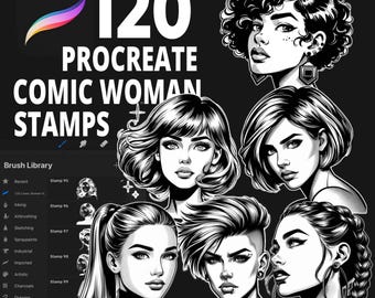 120 Procreate Comic Woman Stamps for Pop Art Portraits, Retro Ink Illustrations, Woman Portrait, Graphic Novel and Character Design Projects