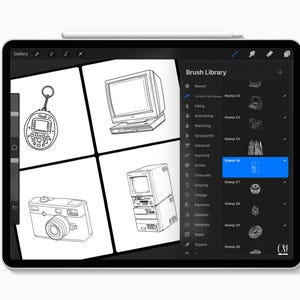 May include: A digital art tablet displaying a black and white illustration of retro tech items, including a camera, computer, and Tamagotchi. The screen shows a "Brush Library" menu with various stamp options.