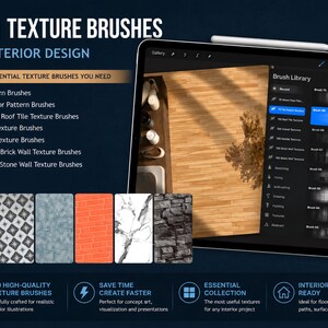 640 pinceles de texturas para interiores para Procreate, texturas de madera, baldosas, mármol, piedra y ladrillo, conjunto de pinceles para diseño arquitectónico y decoración del hogar. imagen 2