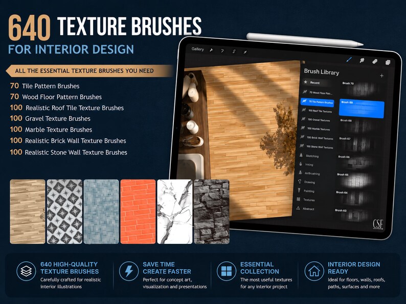 640 pinceles de texturas para interiores para Procreate, texturas de madera, baldosas, mármol, piedra y ladrillo, conjunto de pinceles para diseño arquitectónico y decoración del hogar. imagen 2
