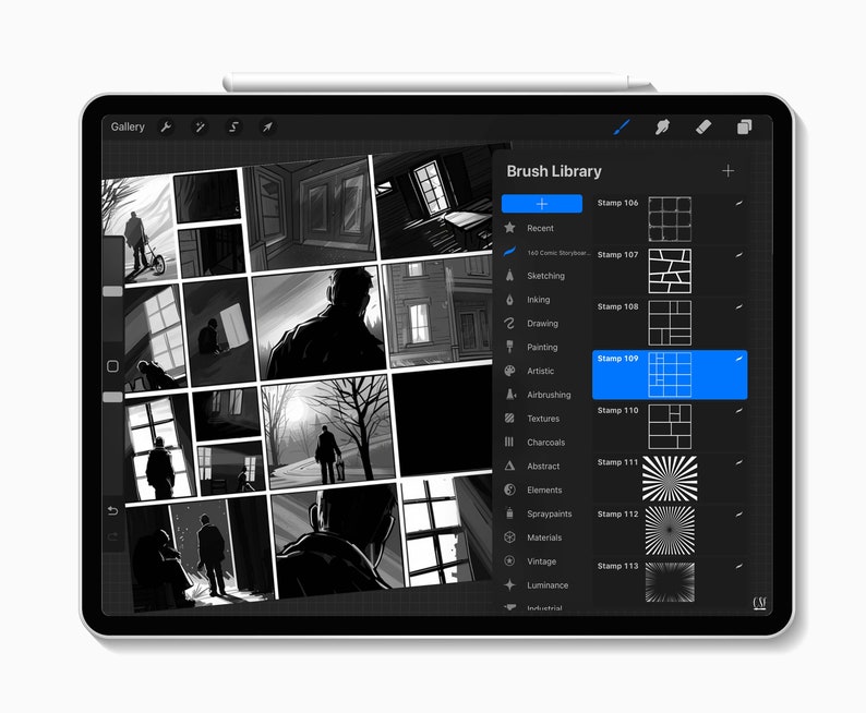 May include: A digital drawing app interface with a grid of black and white comic book panels. The app has a brush library with a variety of stamps, including a grid stamp selected for use.